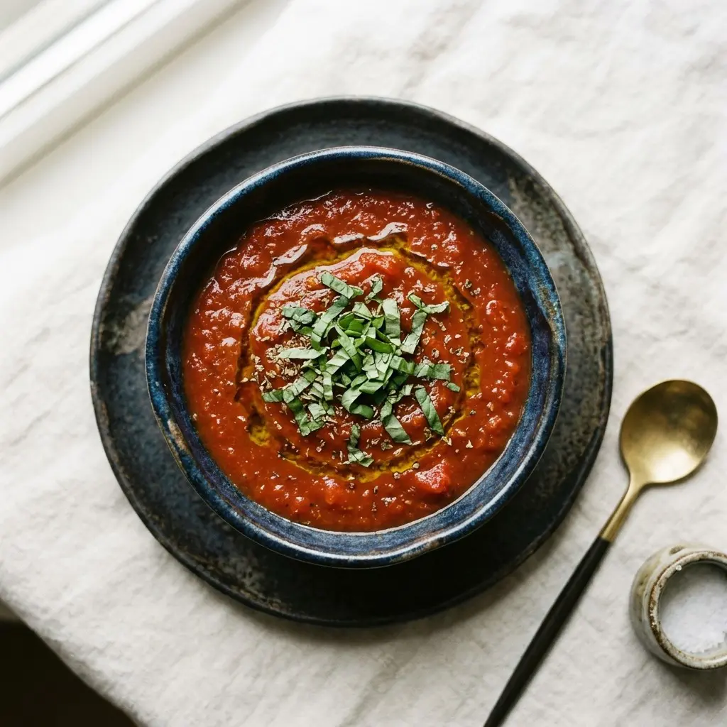 Stunning plated serving of Pizza Sauce, a chef-tested recipe by Chef Jorj Morgan.