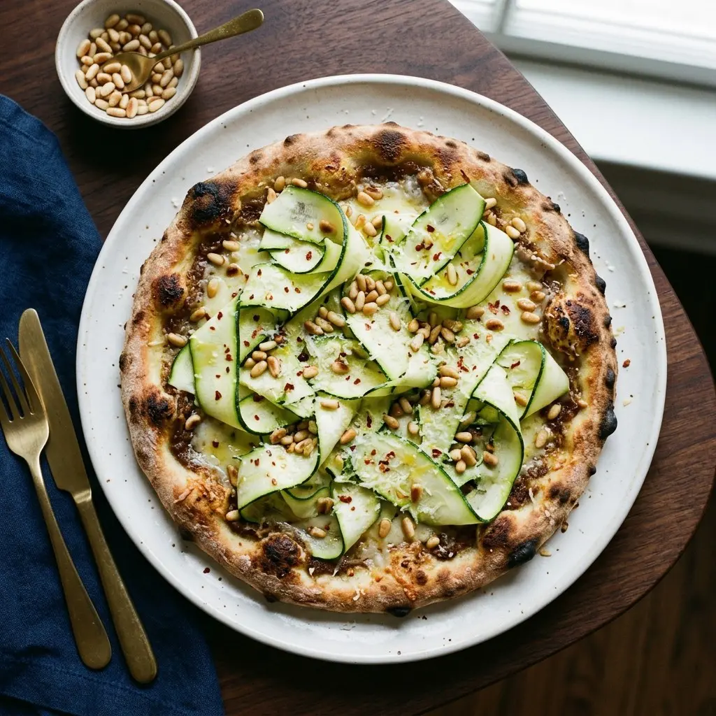 Stunning plated serving of Pizza with Zucchini, Roasted Garlic, and Pine Nuts, a chef-tested recipe by Chef Jorj Morgan.