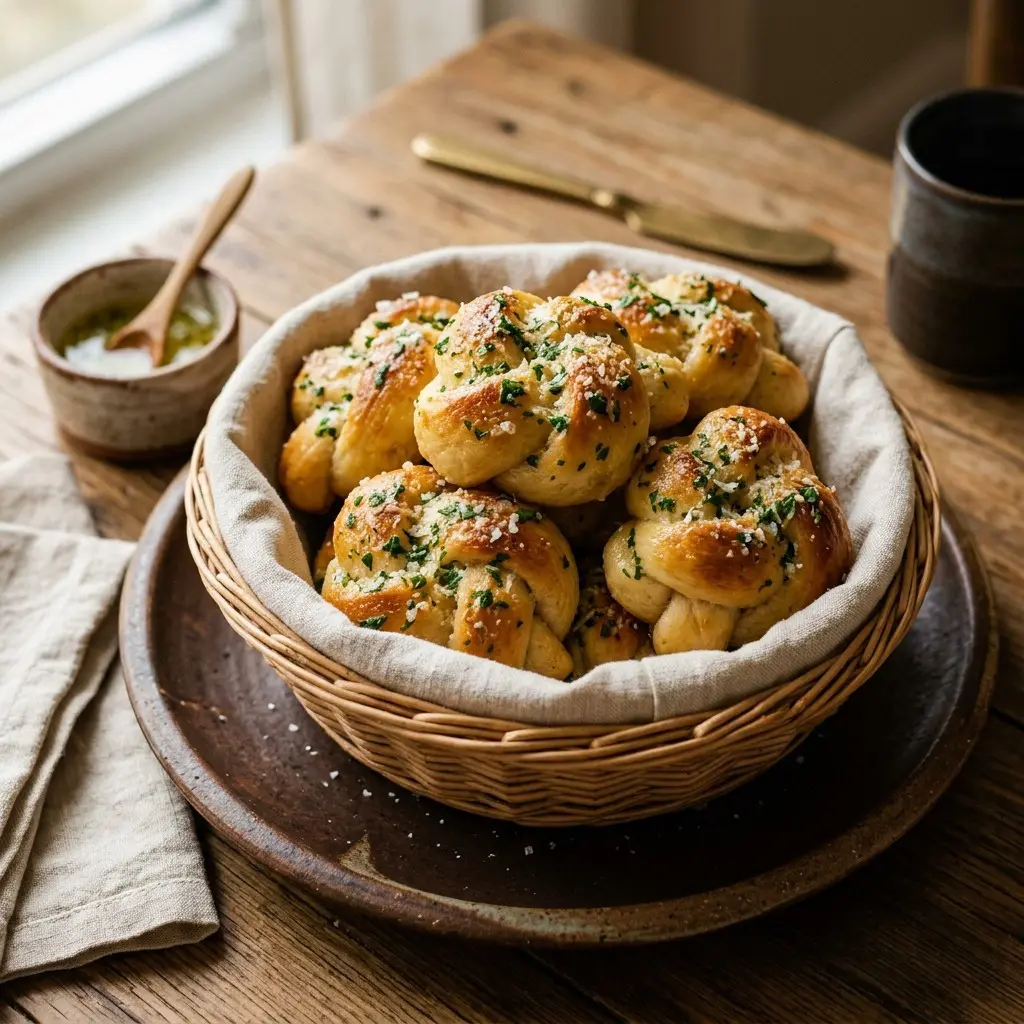 Stunning plated serving of Garlic Knot Rolls, a chef-tested recipe by Chef Jorj Morgan.