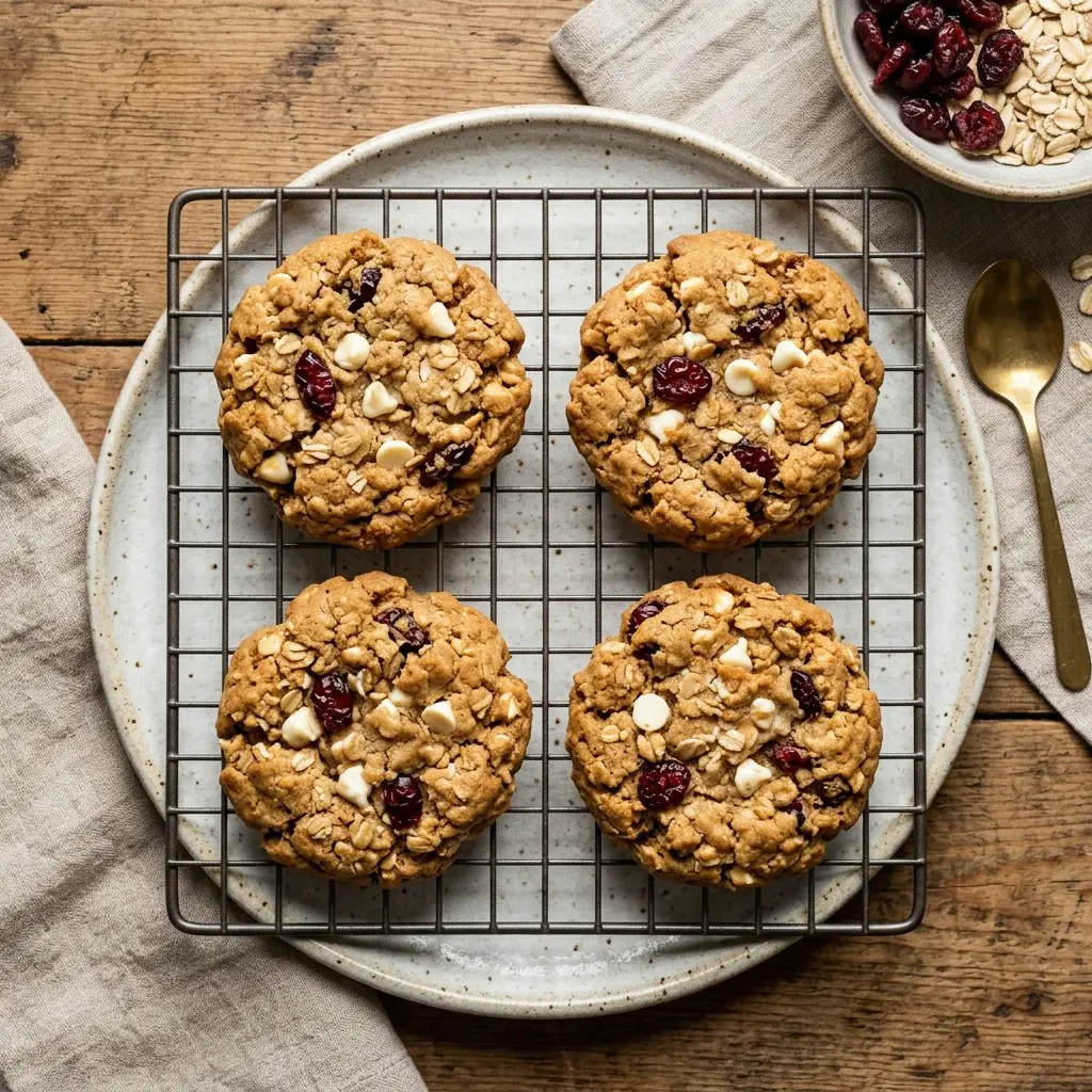 Stunning plated serving of Peanut Butter, White Chocolate, and Cranberry Cookies, a chef-tested recipe by Chef Jorj Morgan.