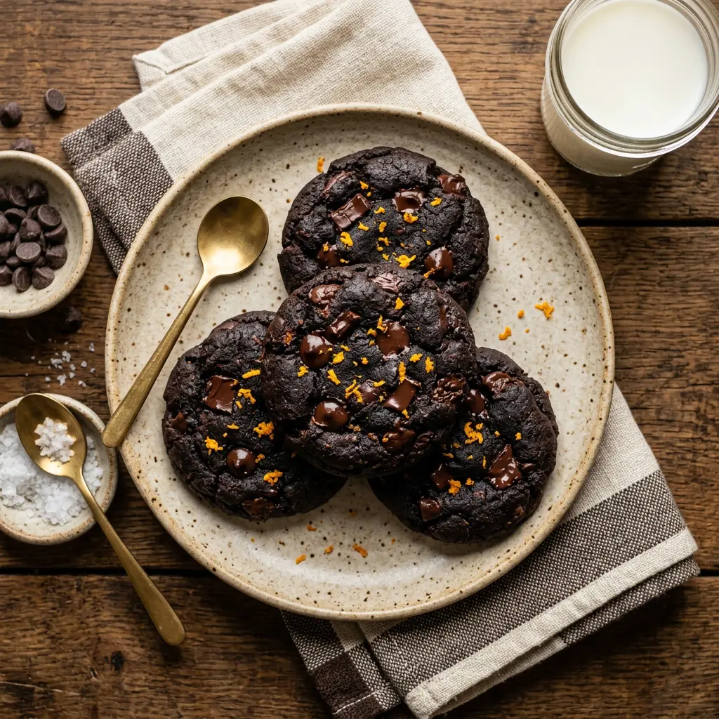 Stunning plated serving of Dark Chocolate Chip Cookies with a Hint of Orange, a chef-tested recipe by Chef Jorj Morgan.