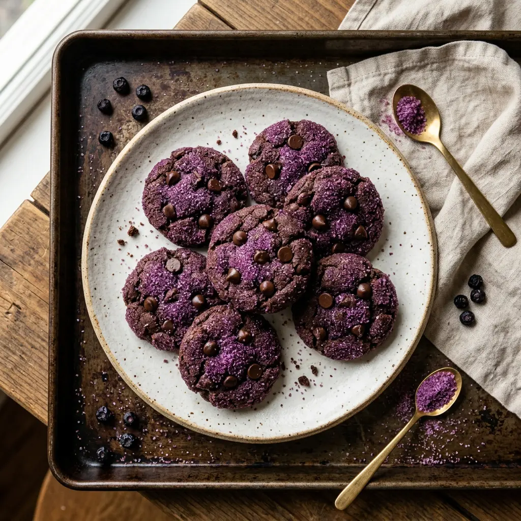 Stunning plated serving of Chocolate Cookies with Wild Blueberry Sugar, a chef-tested recipe by Chef Jorj Morgan.