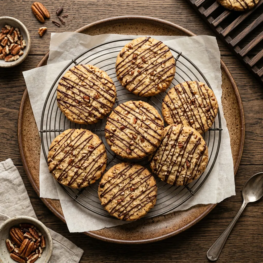 Stunning plated serving of Pecan Shortbread Cookies with Dark Chocolate Drizzle, a chef-tested recipe by Chef Jorj Morgan.