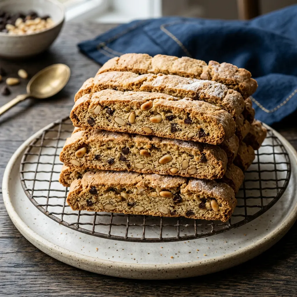 Stunning plated serving of Biscotti with Brown-Sugared Pine Nuts and Chocolate Chips, a chef-tested recipe by Chef Jorj Morgan.