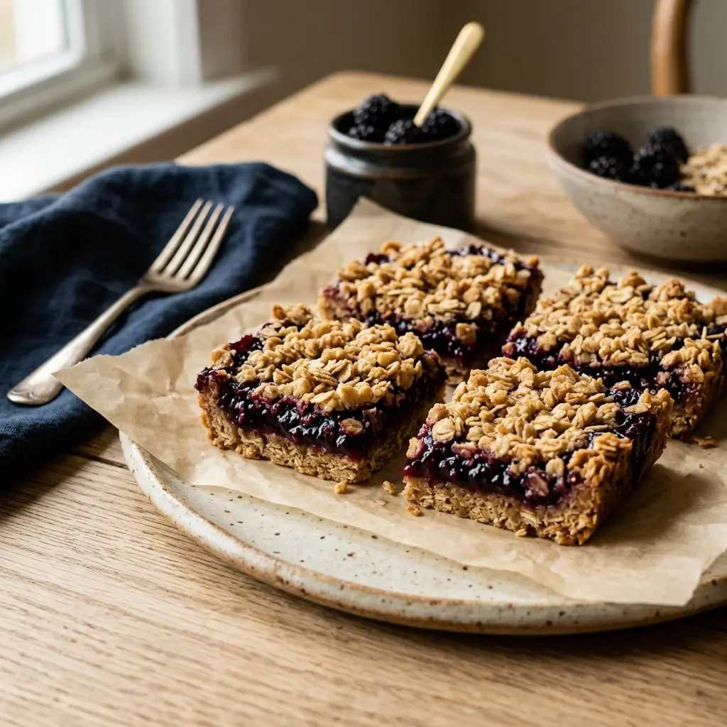Stunning plated serving of Blackberry Jam Oat Bars, a chef-tested recipe by Chef Jorj Morgan.