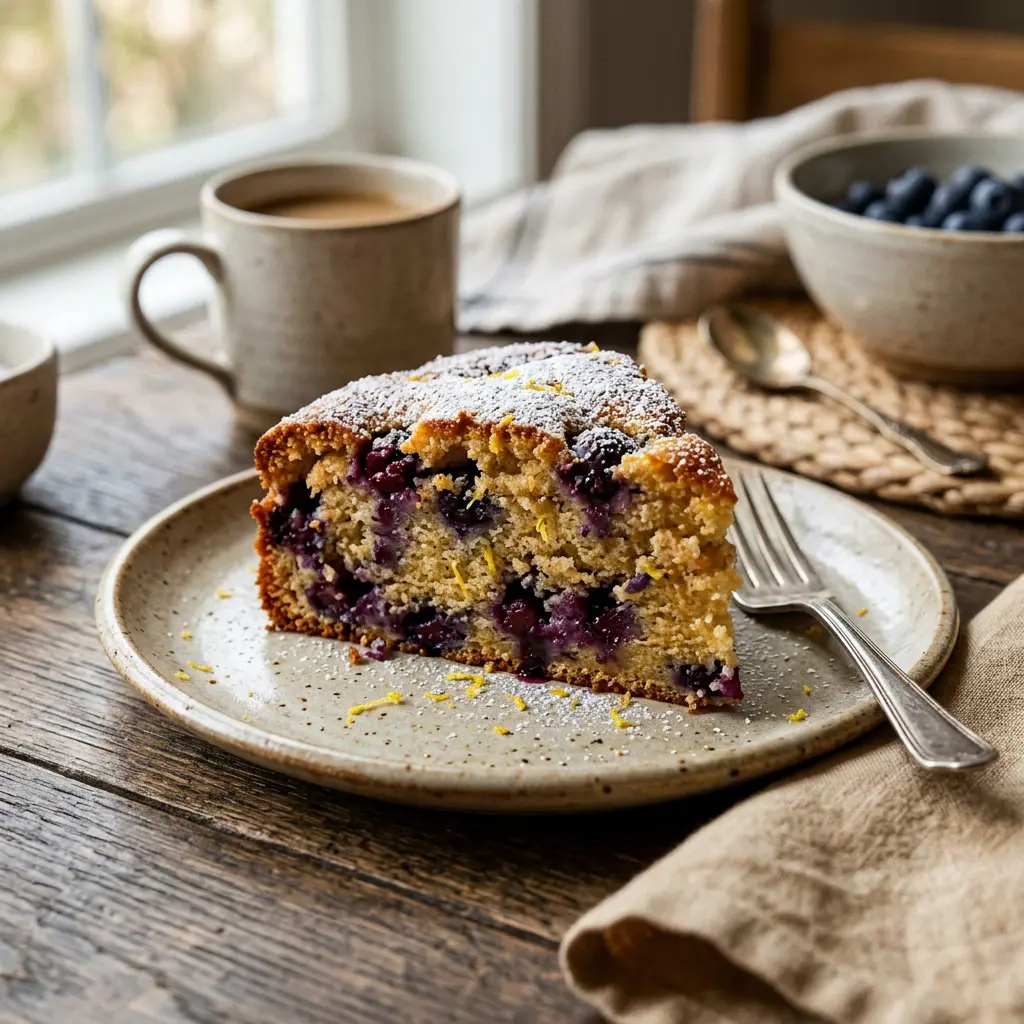Stunning plated serving of Blueberry-Lemon Sour Cream Cake, a chef-tested recipe by Chef Jorj Morgan.