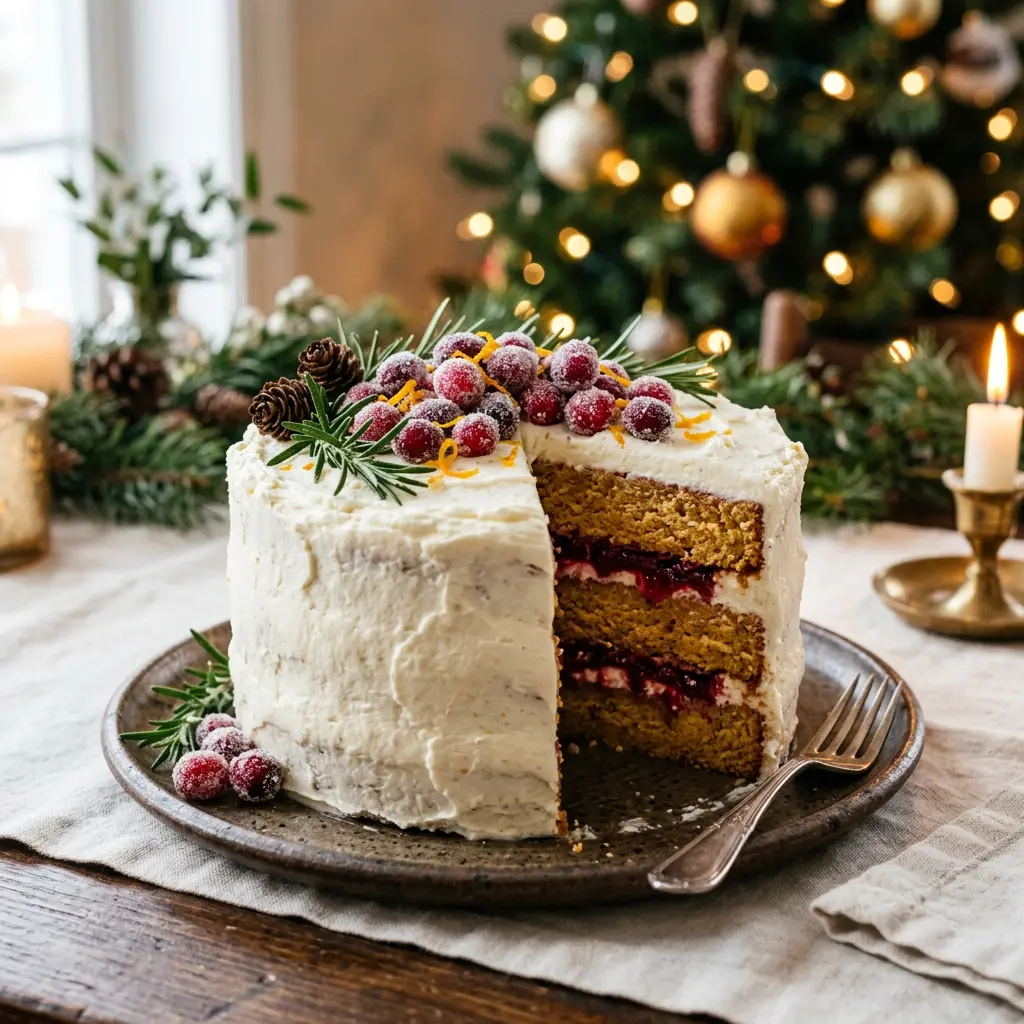 Stunning plated serving of Christmas Cranberry Jam Cake, a chef-tested recipe by Chef Jorj Morgan.