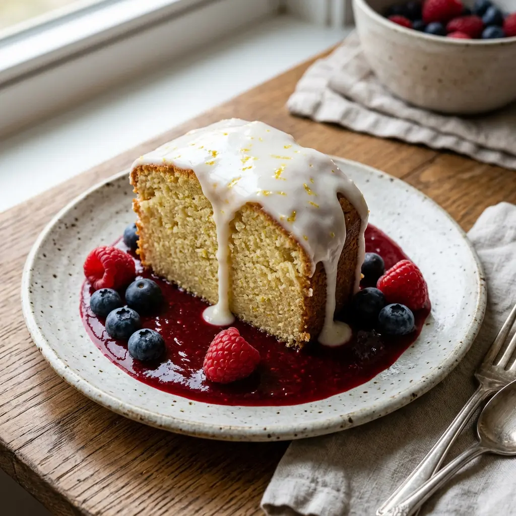 Stunning plated serving of Glazed Lemon Pound Cake with Very Berry Sauce, a chef-tested recipe by Chef Jorj Morgan.