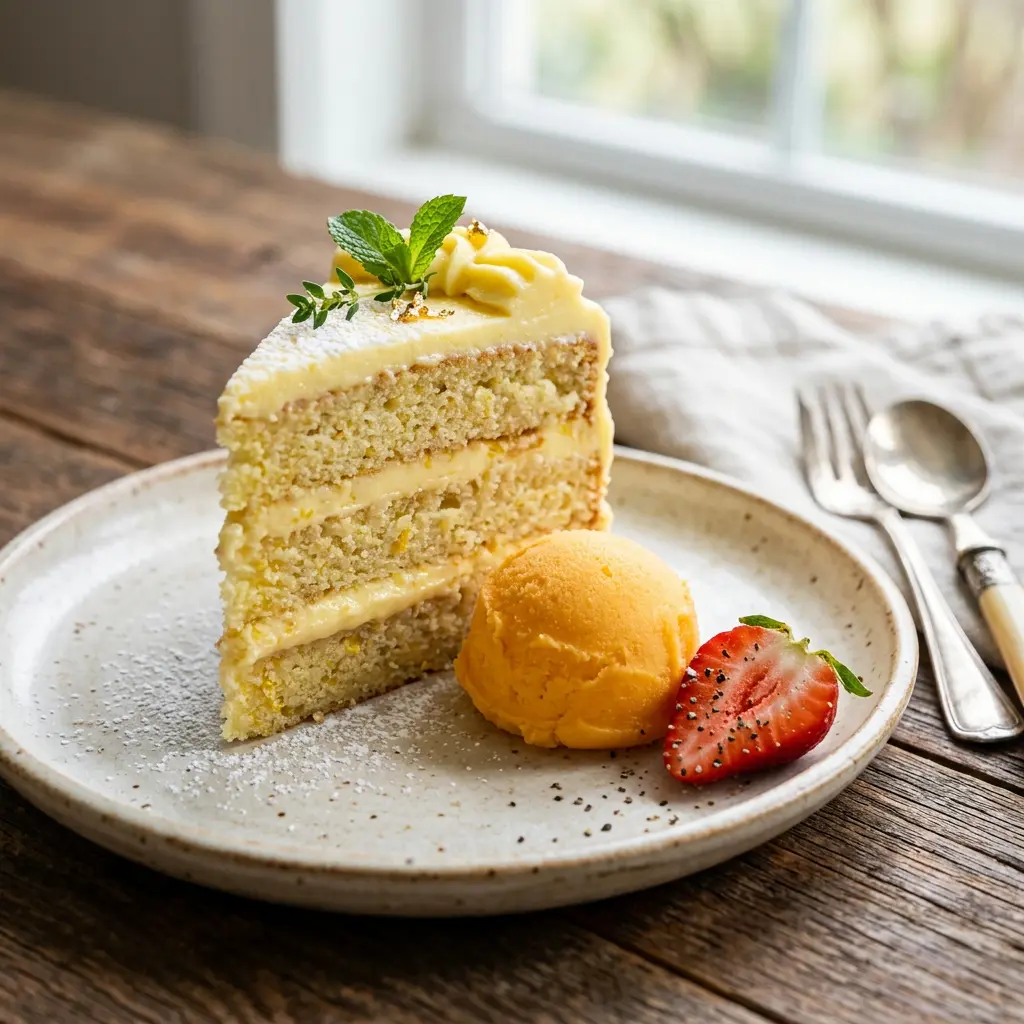 Stunning plated serving of Meyer Lemon Layer Cake with Orange Sherbet and Peppered Strawberries, a chef-tested recipe by Chef Jorj Morgan.