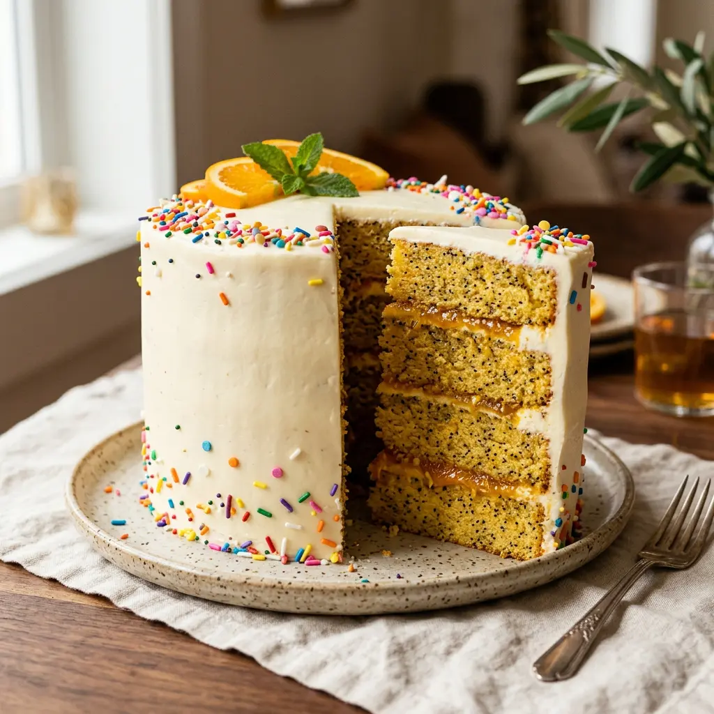 Stunning plated serving of Orange Poppy Seed Cake with Buttercream Frosting, a chef-tested recipe by Chef Jorj Morgan.