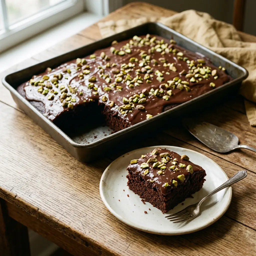 Stunning plated serving of Texas Sheet Cake, a chef-tested recipe by Chef Jorj Morgan.