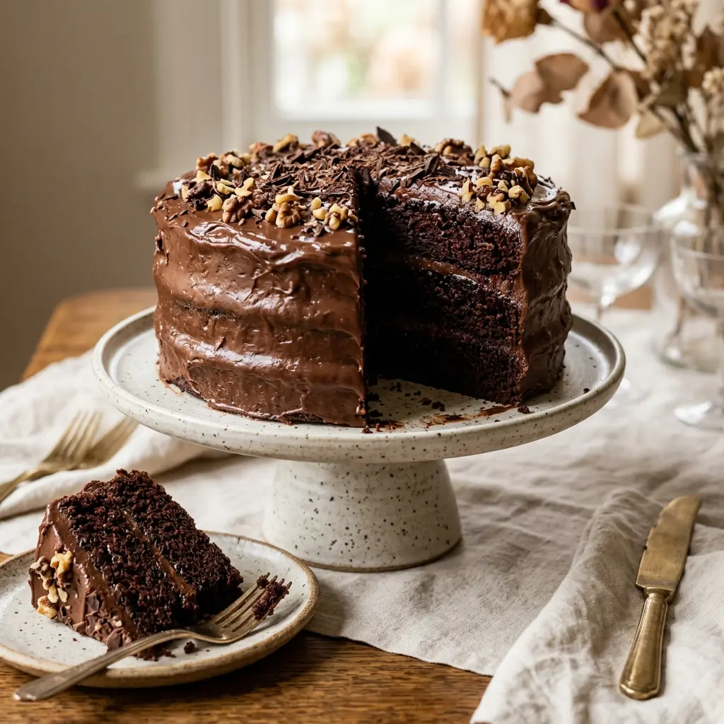 Stunning plated serving of Chocolate Mahogany Cake, a chef-tested recipe by Chef Jorj Morgan.