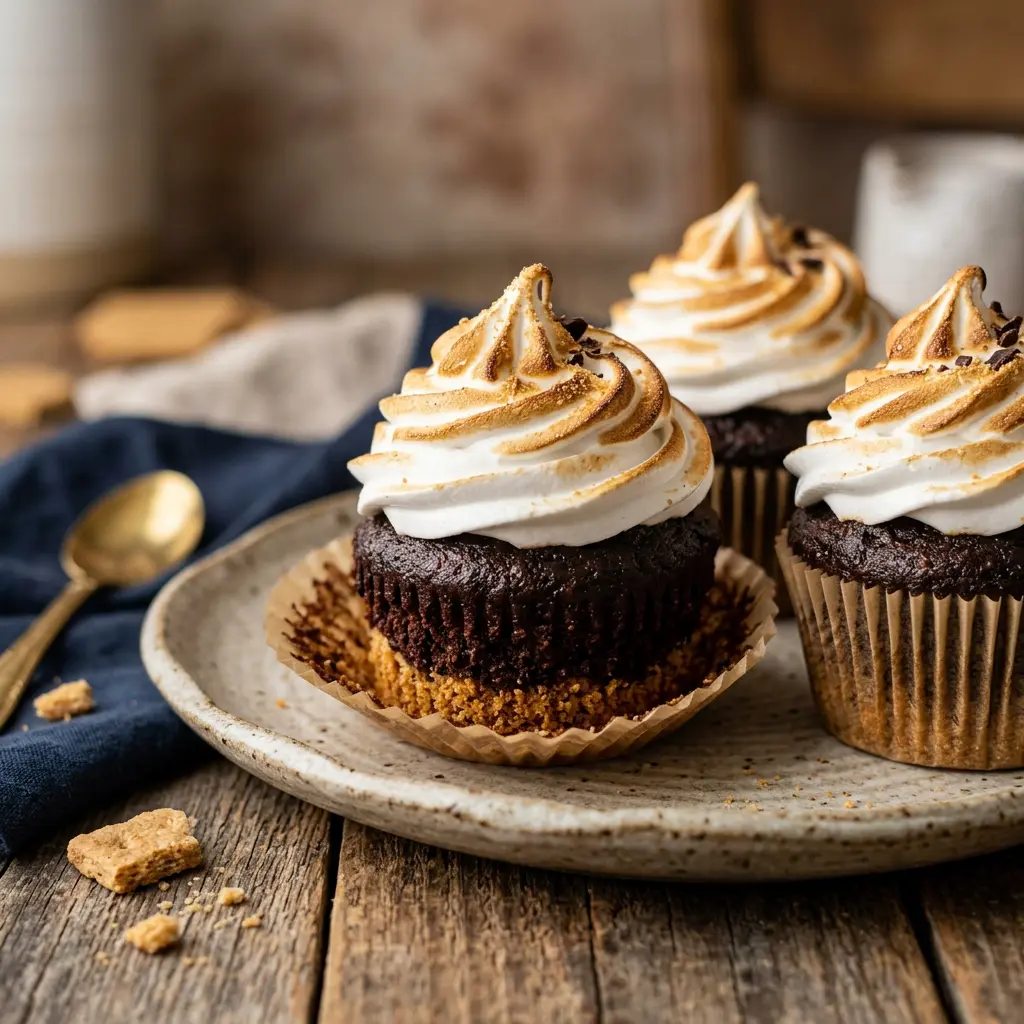 Stunning plated serving of S’mores Cupcakes, a chef-tested recipe by Chef Jorj Morgan.