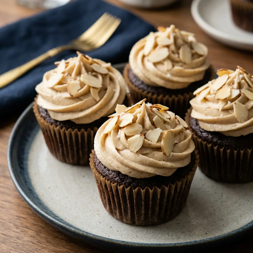 Stunning plated serving of Chocolate Almond Cupcakes, a chef-tested recipe by Chef Jorj Morgan.