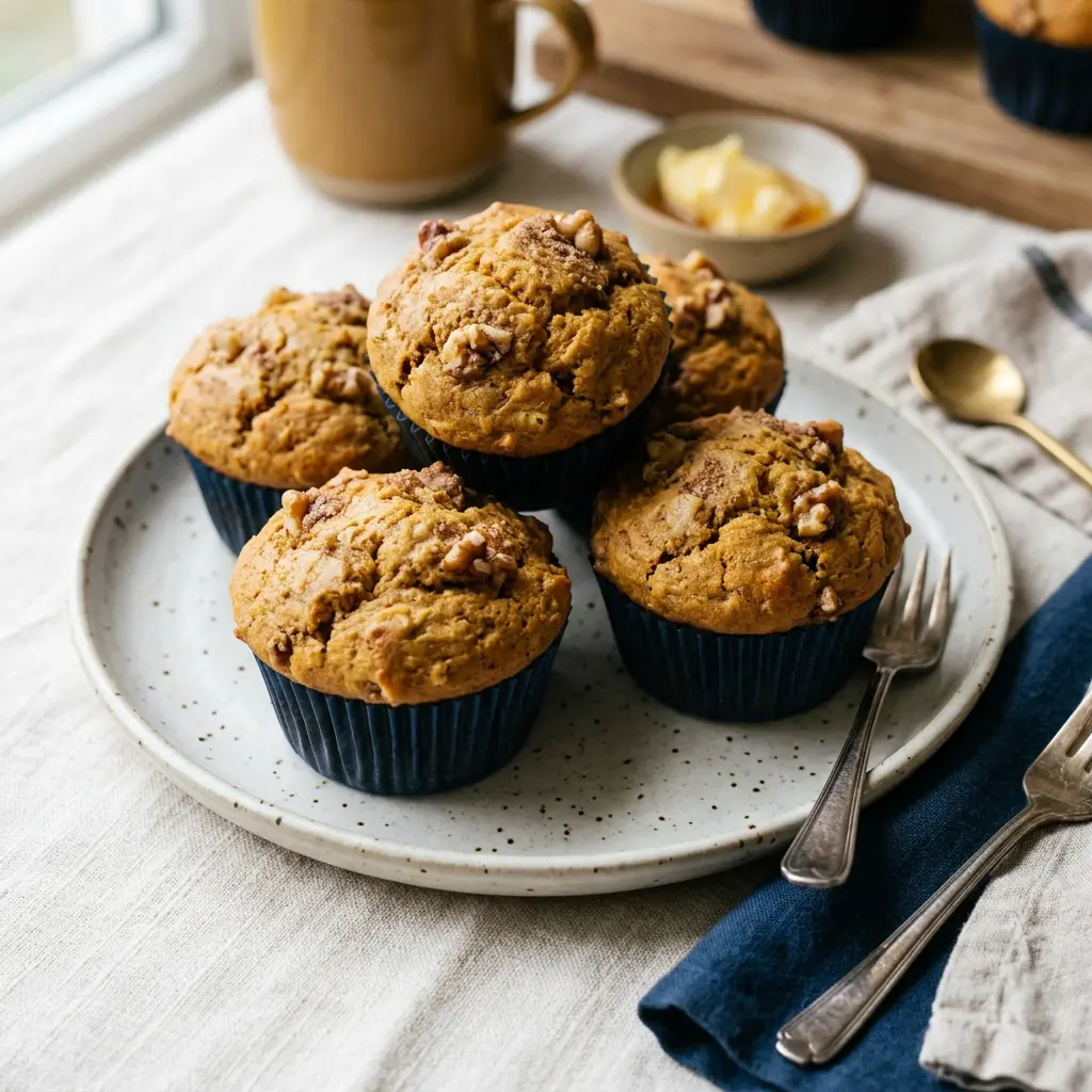 Stunning plated serving of Bananakin Muffins, a chef-tested recipe by Chef Jorj Morgan.
