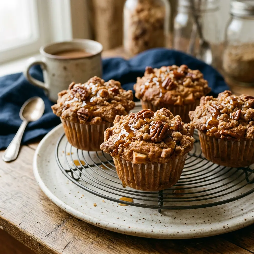 Stunning plated serving of Apple-Maple Muffins with Pecan Crumble, a chef-tested recipe by Chef Jorj Morgan.