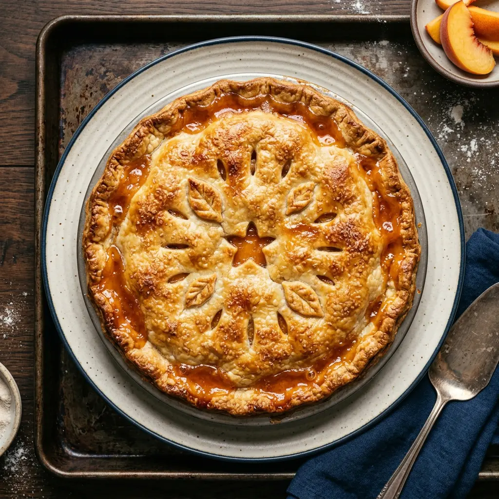 Stunning plated serving of Perfect Peach Pie, a chef-tested recipe by Chef Jorj Morgan.