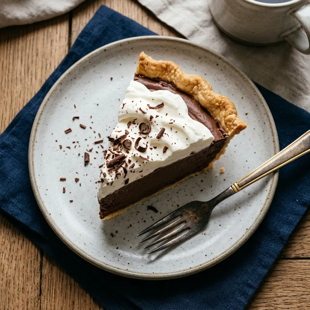 Stunning plated serving of Chocolate Silk Pie, a chef-tested recipe by Chef Jorj Morgan.