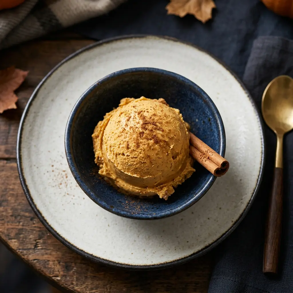 Stunning plated serving of Pumpkin Pie Ice Cream, a chef-tested recipe by Chef Jorj Morgan.