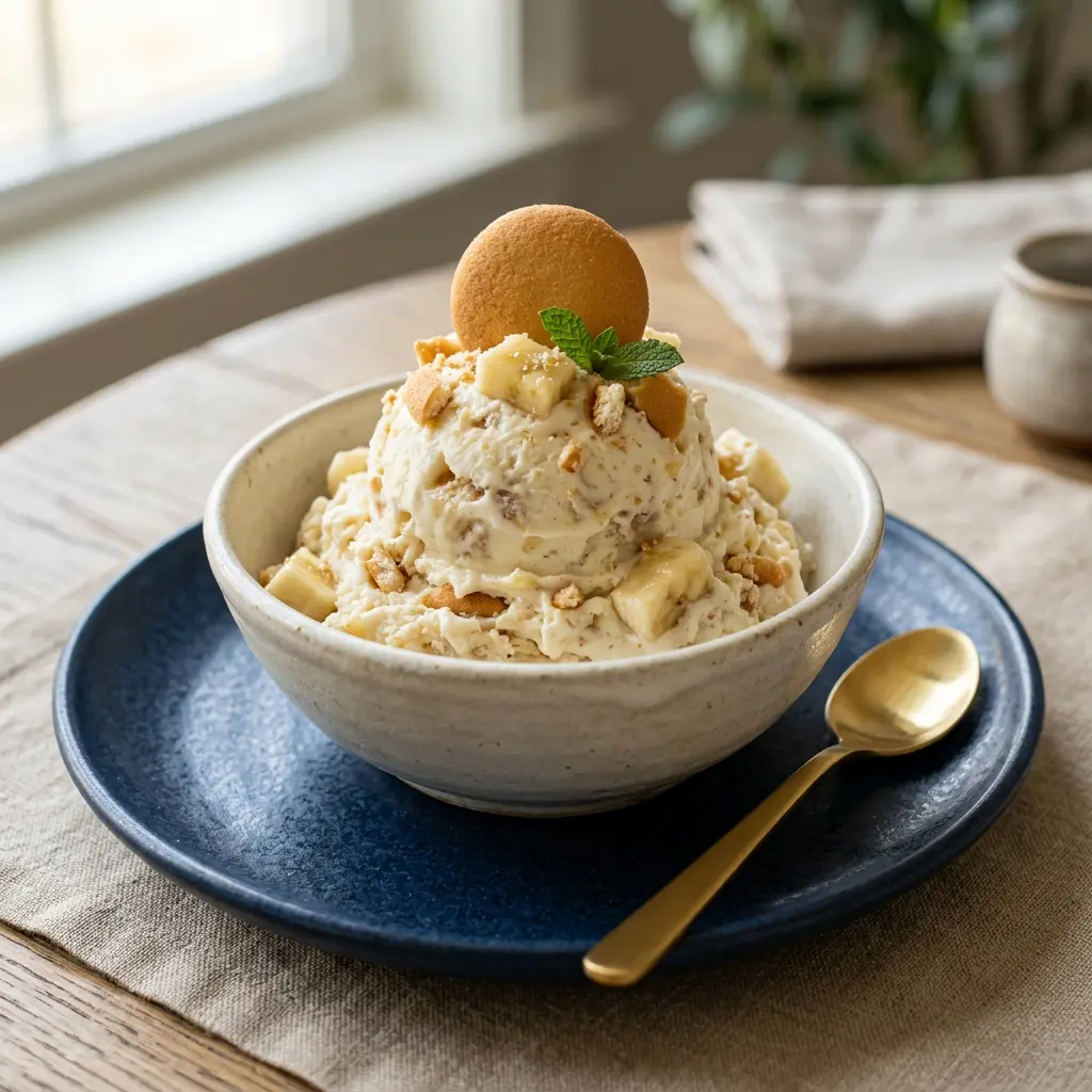 Stunning plated serving of Banana Pudding Ice Cream, a chef-tested recipe by Chef Jorj Morgan.