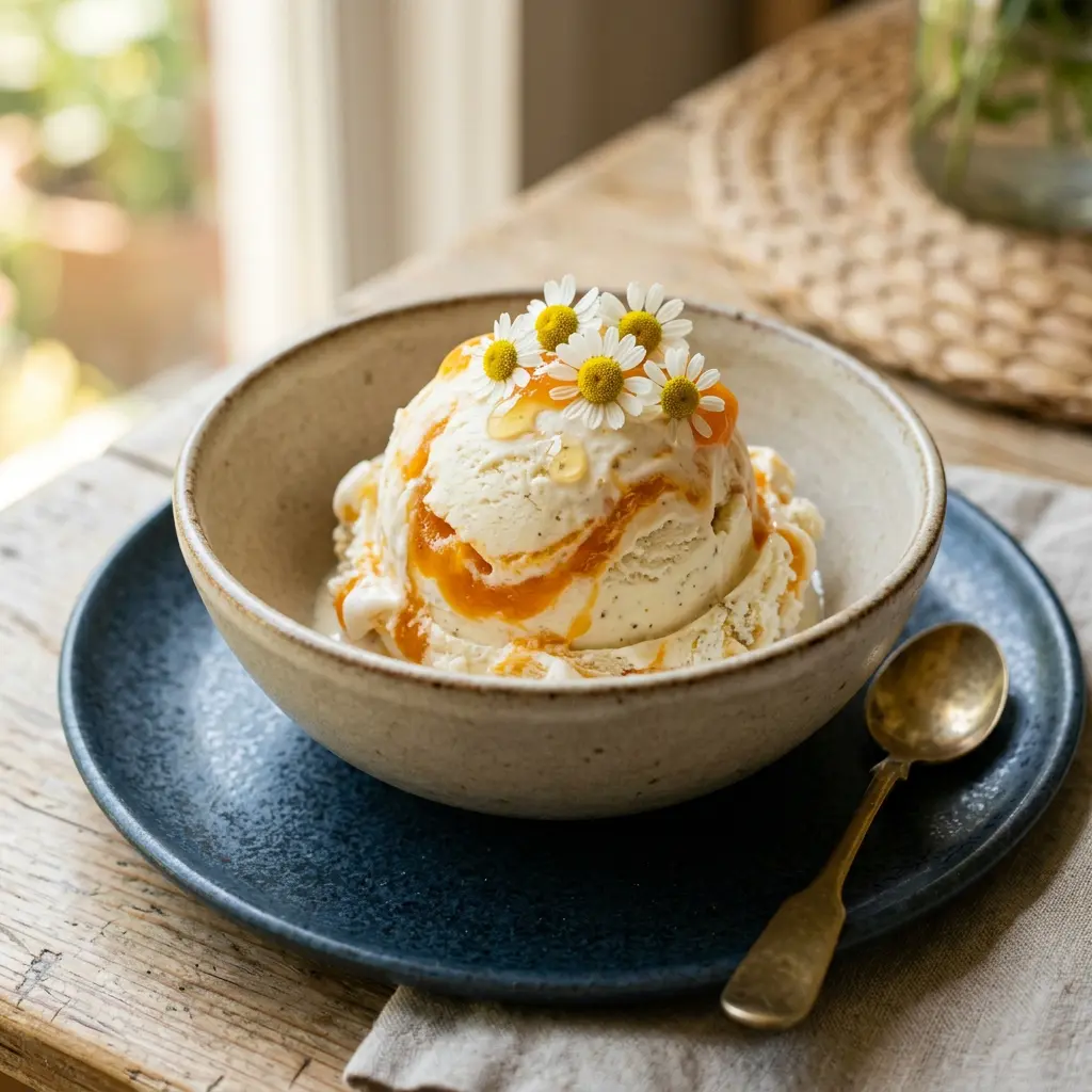 Stunning plated serving of Chamomile Honey Ice Cream with a Peach Swirl, a chef-tested recipe by Chef Jorj Morgan.