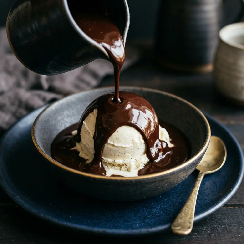 Stunning plated serving of Hot Fudge Sauce, a chef-tested recipe by Chef Jorj Morgan.