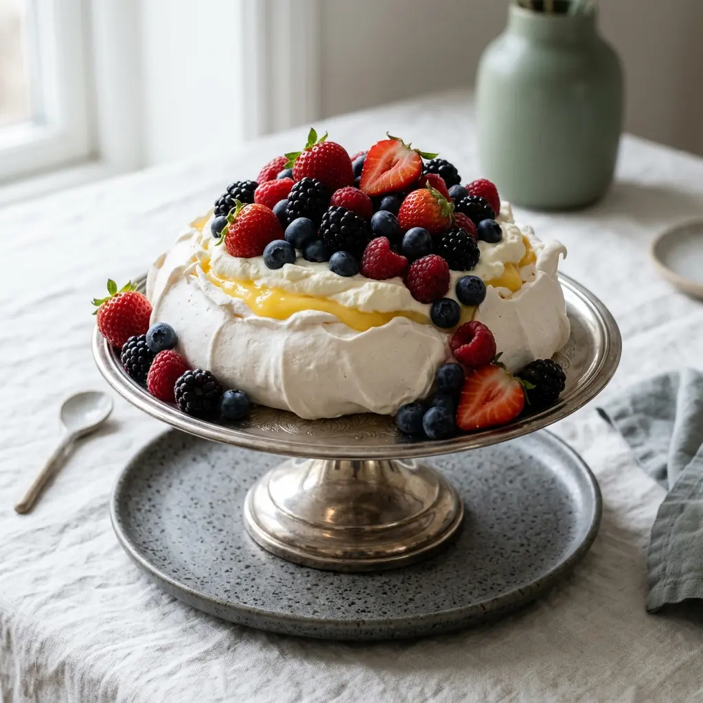 Stunning plated serving of Pavlova with Lemon Curd and Fresh Berries, a chef-tested recipe by Chef Jorj Morgan.