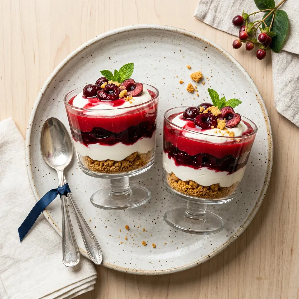 Stunning plated serving of Blood Orange Curd Parfaits with Cherries and Cream, a chef-tested recipe by Chef Jorj Morgan.