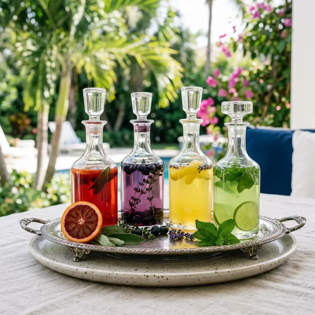 Stunning plated serving of Infused Simple Syrups, a chef-tested recipe by Chef Jorj Morgan.