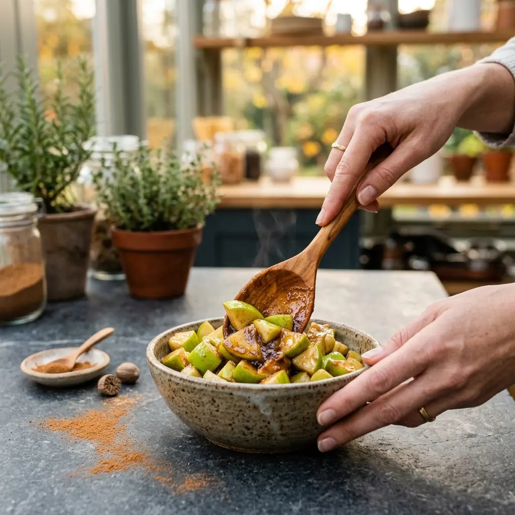 Clean hands using a warm maple-wood spoon to stir freshly diced green apples coated in brown sugar and maple flavoring in a small rustic stoneware bowl. The bowl is set on a dark grey soapstone tabletop next to a light dusting of cinnamon and ground nutmeg. The background is a soft, warm blur of a cozy conservatory kitchen with golden autumn light streaming through glass windows. Dynamic action, glossy texture culinary branding.