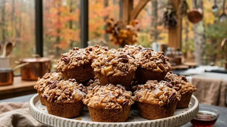 Stunning plated serving of Apple-Maple Muffins with Pecan Crumble, a chef-tested recipe by Chef Jorj Morgan.