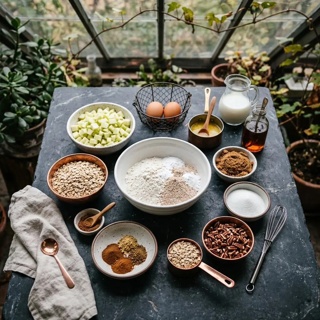 Raw ingredients (mise en place) for Apple-Maple Muffins, arranged in copper and white stoneware bowls on a dark charcoal soapstone table inside a sunlit, glass-roofed conservatory. The ingredients include peeled, cored, and diced Granny Smith apples, organic old-fashioned rolled oats, unbleached flour, whole wheat flour, brown sugar, granulated sugar, ground cinnamon, ginger, nutmeg, chopped pecans, fresh eggs in a small wire basket, a small copper pot of melted butter, a glass pitcher of milk, and amber maple syrup in a glass bottle. Food styling, moody autumn lighting.