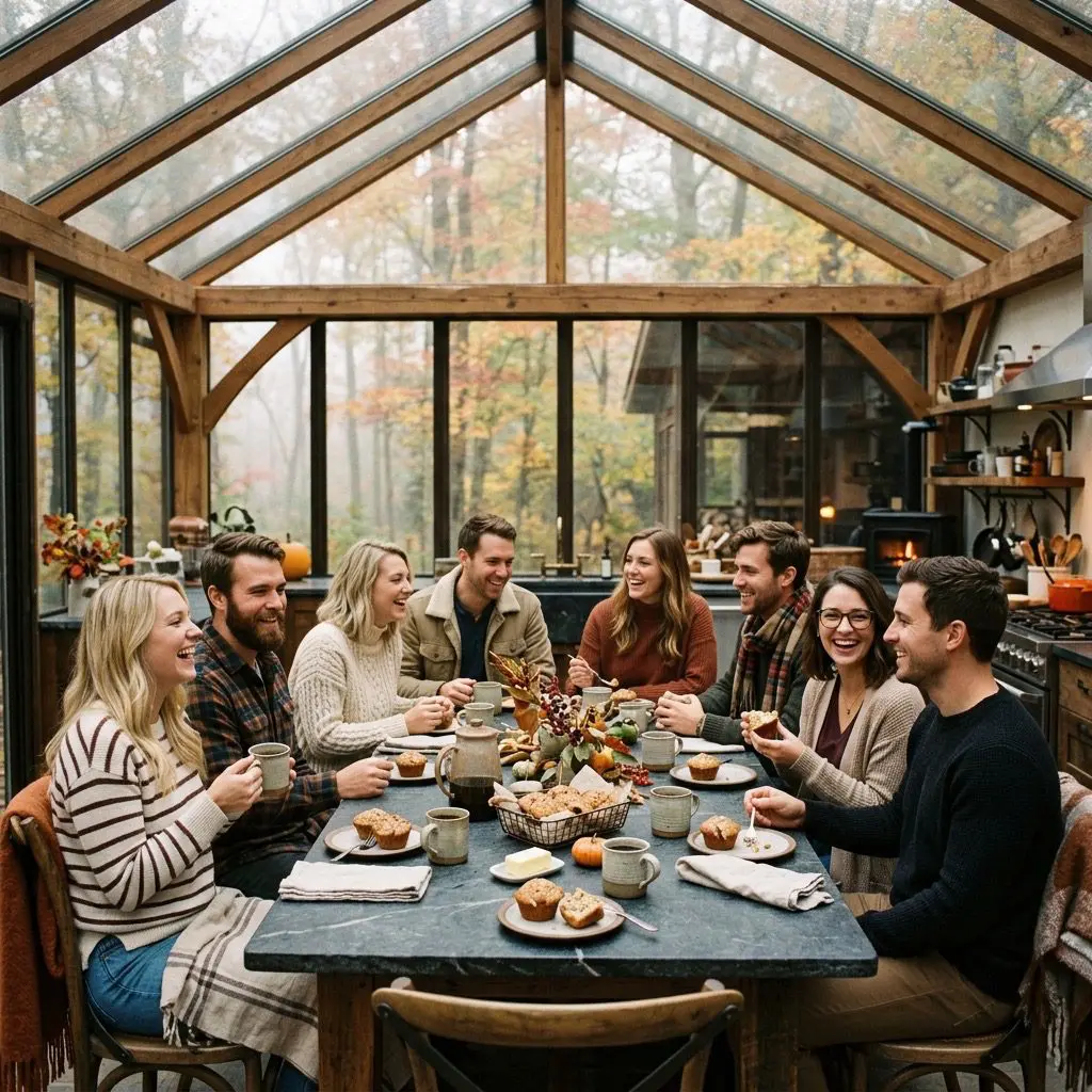 Eight guests laughing, sharing coffee, and enjoying freshly baked Apple-Maple Muffins together. They are gathered around a long dark grey soapstone harvest table inside a cozy, sunlit, glass-roofed woodland conservatory kitchen nestled in a foggy autumn maple forest. The glass ceiling overhead shows a soft, warm blur of colorful autumn tree canopy and gentle fog. On the table are stoneware mugs with steam rising, ceramic plates with muffins, warm cozy blankets draped over the chairs, and rustic decorations. Cozy, warm glowing atmosphere.