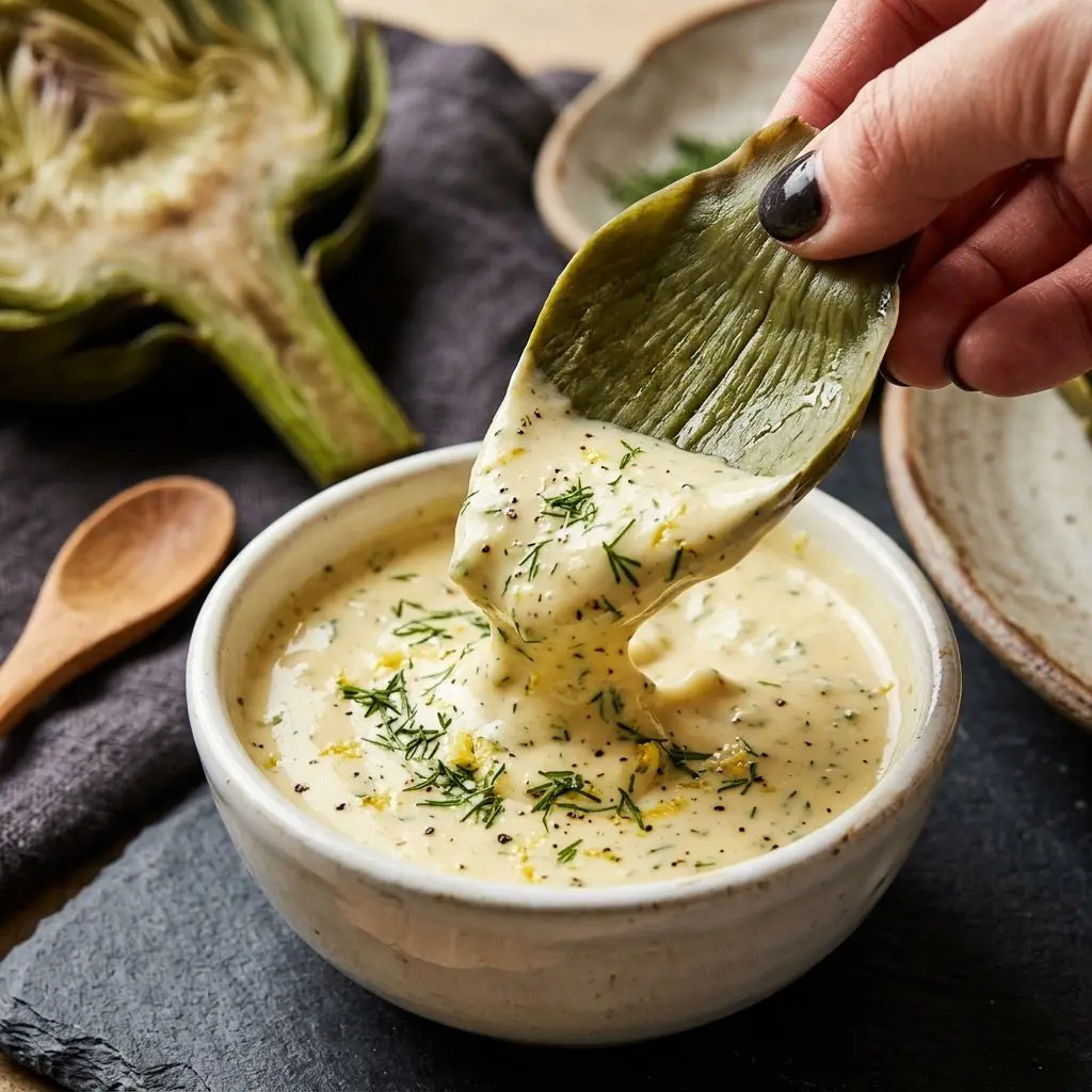Extreme close-up action shot dipping an artichoke leaf into Lemon Balsamic Dipping Sauce
