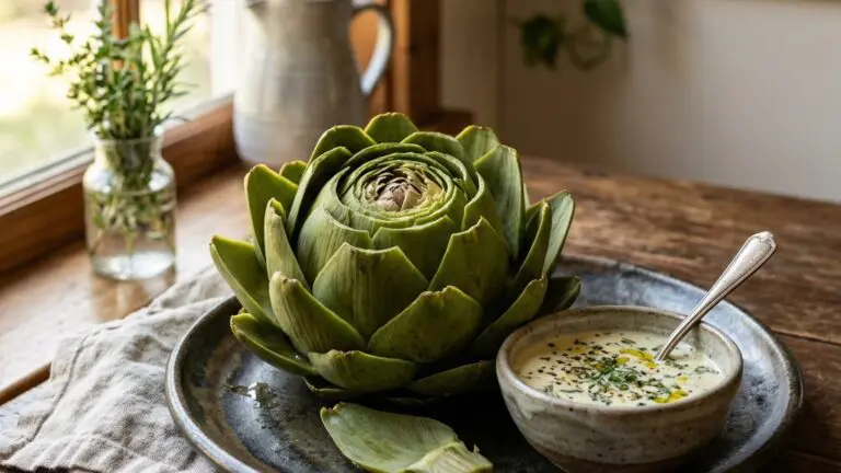 Stunning plated serving of Artichokes with Lemon Balsamic Dipping Sauce, a chef-tested recipe by Chef Jorj Morgan.