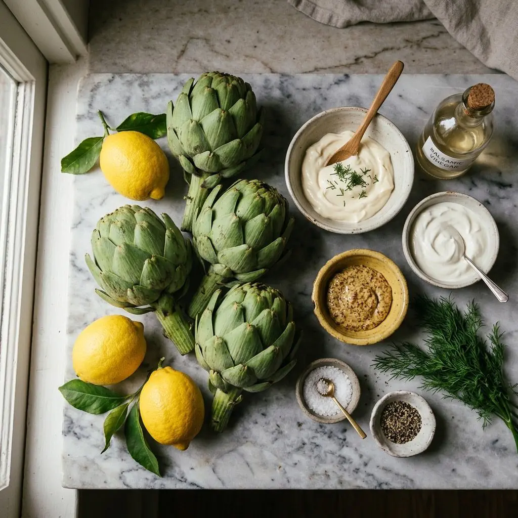 Overhead prep shot of raw artichokes, lemons, mayonnaise, sour cream, Dijon mustard, white balsamic vinegar, dill, salt, and pepper