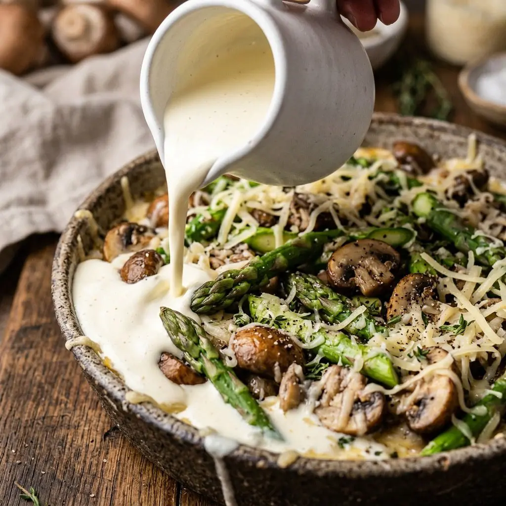 Extreme close-up action shot pouring heavy cream around the edges of the asparagus gratin dish