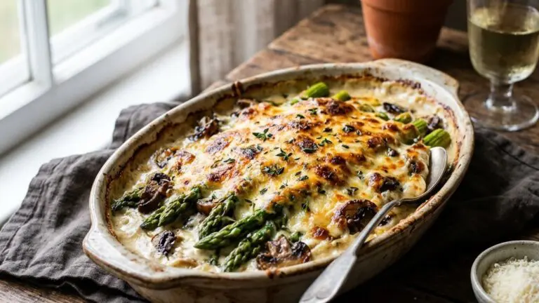 Stunning plated serving of Asparagus au Gratin with Mushrooms and Shallots, a chef-tested recipe by Chef Jorj Morgan.