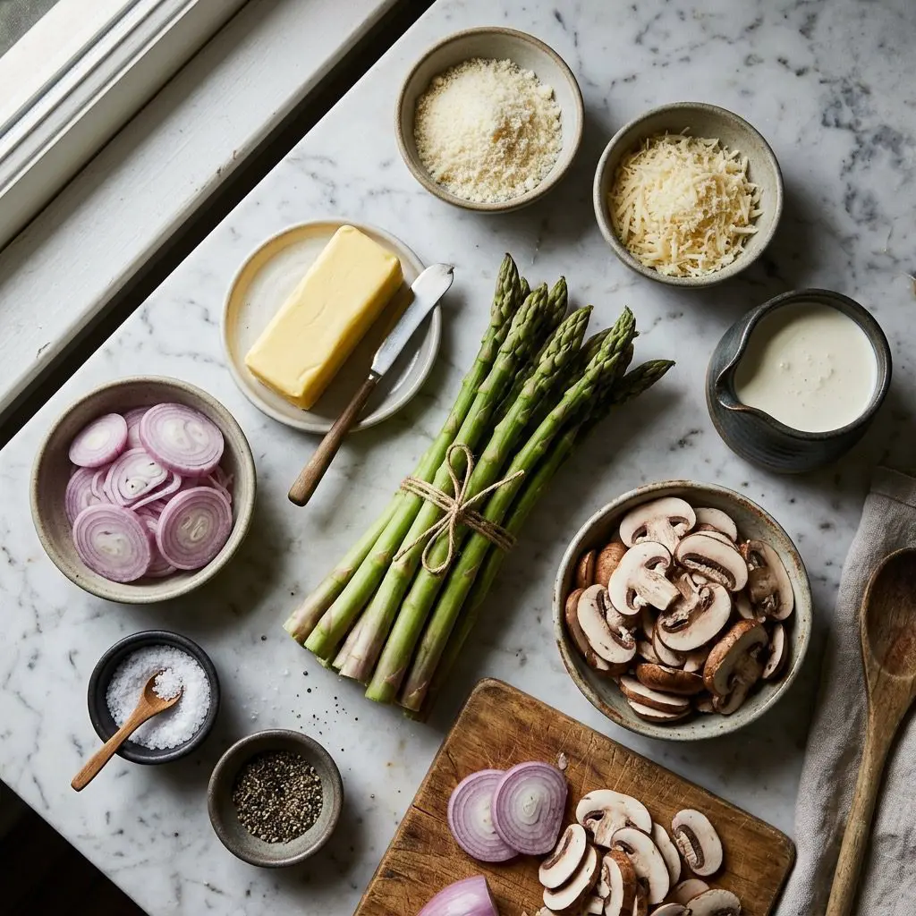 Overhead prep shot of asparagus, butter, shallots, mushrooms, salt, pepper, Parmesan, Gruyère, and heavy cream
