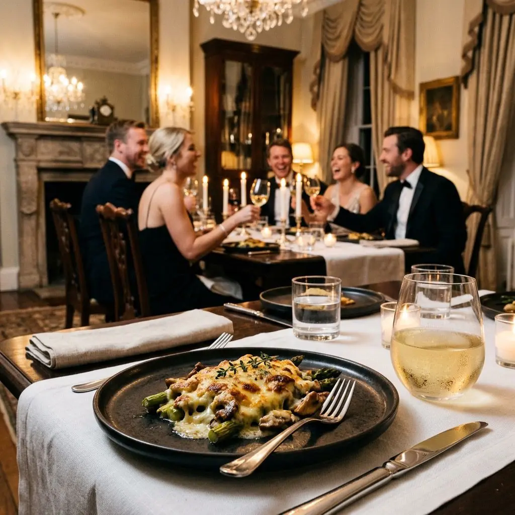 An elegant, formal dinner table setting featuring Asparagus au Gratin with Mushrooms, with a dinner party in the background