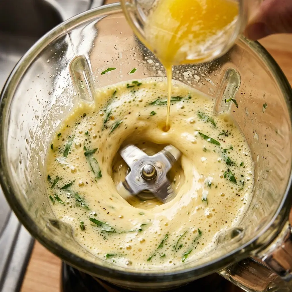 Extreme close-up action shot drizzling warm butter into a blender to create Hollandaise sauce