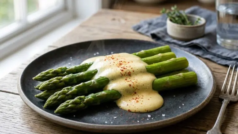 Stunning plated serving of Asparagus with Hollandaise Sauce, a chef-tested recipe by Chef Jorj Morgan.