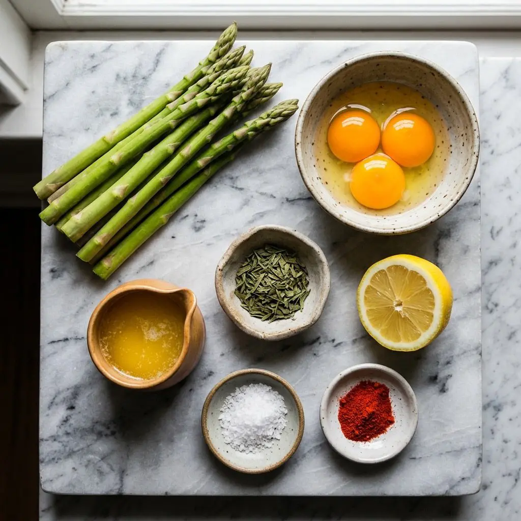 Overhead prep shot of asparagus spears, egg yolks, lemon, tarragon, butter, salt, and cayenne pepper