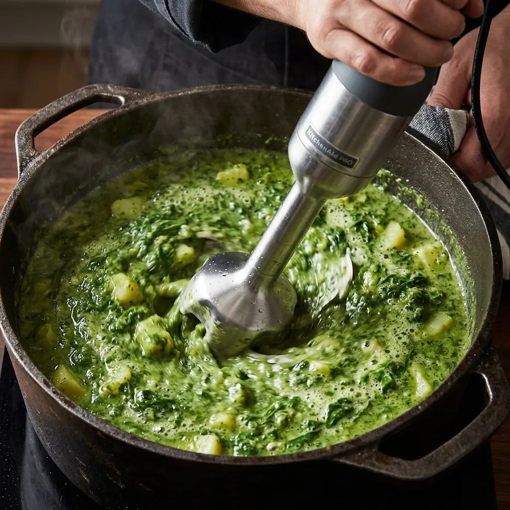 Extreme close-up action shot plunging an immersion blender into a pot of avocado, spinach, and potato soup