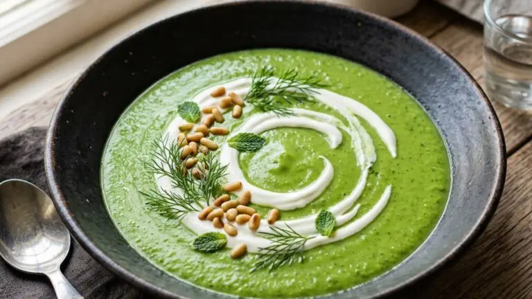 Stunning plated serving of Avocado Soup with Spinach and Dill, a chef-tested recipe by Chef Jorj Morgan.