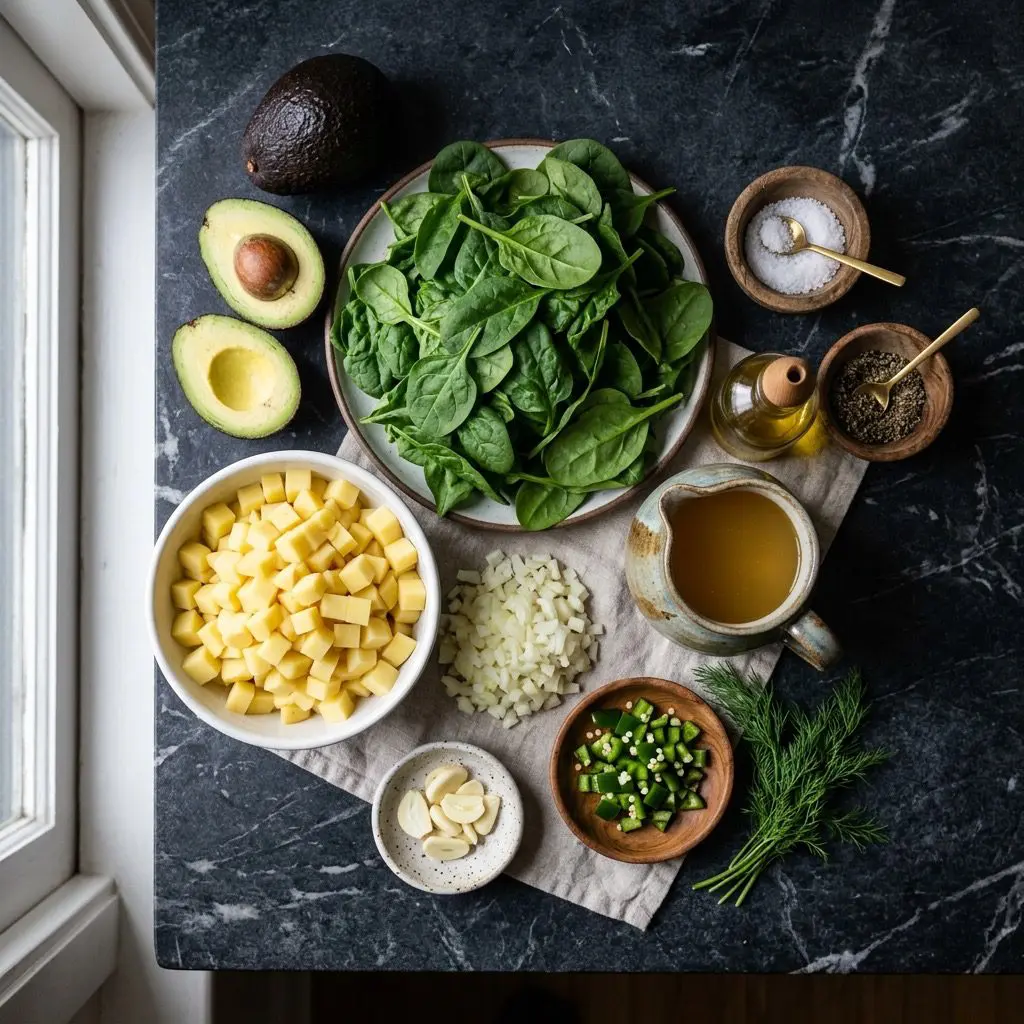 Overhead prep shot of avocados, spinach, potatoes, onion, garlic, jalapeño, dill, chicken stock, olive oil, salt, and pepper