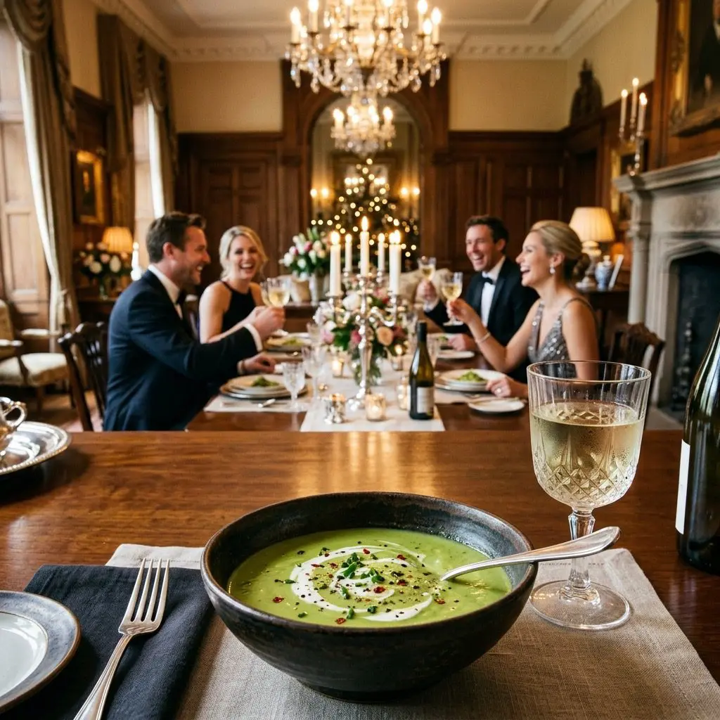 An elegant, formal dinner table setting featuring Avocado Soup, with a dinner party in the background