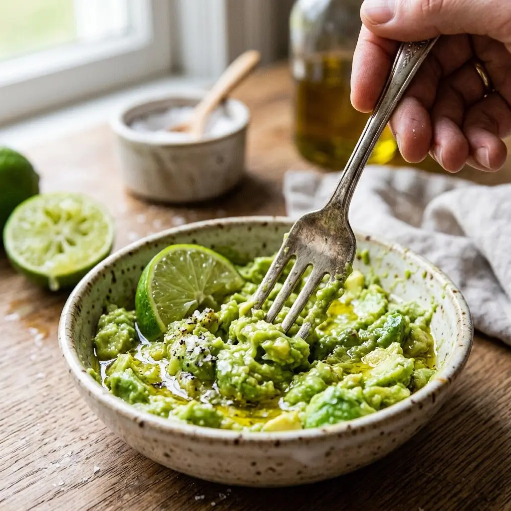 Extreme close-up action shot mashing bright green avocado chunks with lime juice and olive oil