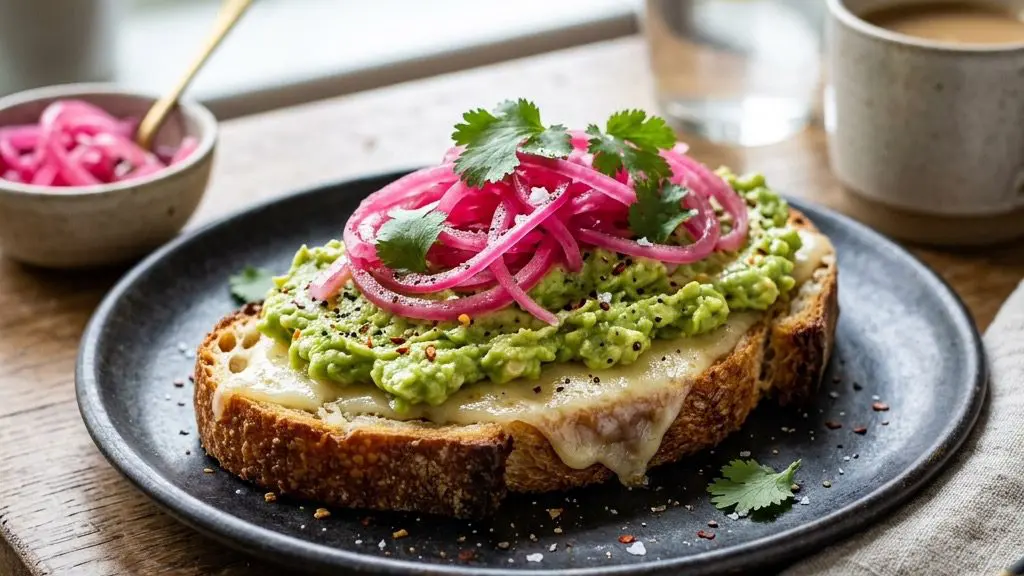 Stunning plated serving of Avocado Toasts with Pickled Red Onion, a chef-tested recipe by Chef Jorj Morgan.