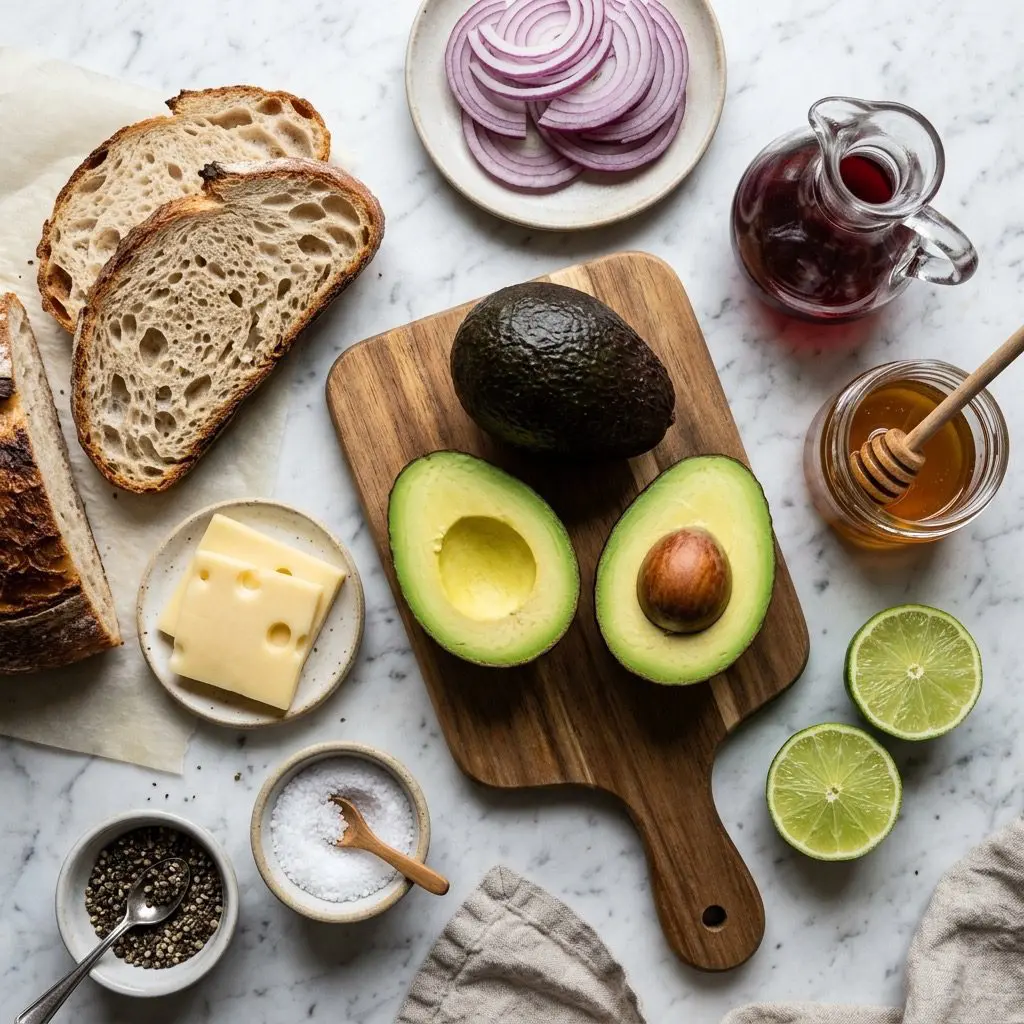 Overhead prep shot of Hass avocados, red onion, red wine vinegar, honey, lime, olive oil, artisan bread, Swiss cheese, salt, and pepper